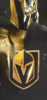 Golden warrior in futuristic armor on dark background.