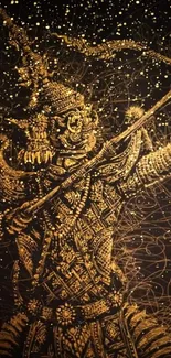 Golden warrior art with intricate designs on a dark brown background.