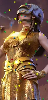 Golden warrior in futuristic armor with confetti backdrop.