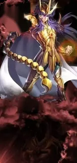 Epic anime warrior in golden armor under dark red clouds.