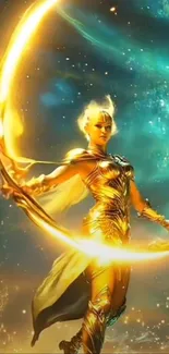 Golden warrior with a celestial background holding a glowing bow.