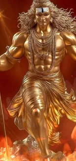 Golden deity statue with flames and dynamic pose, perfect for mobile wallpaper.