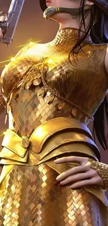 Golden warrior in intricate armor on a vibrant mobile wallpaper.