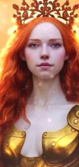 Warrior princess with red hair and golden armor on a glowing background.