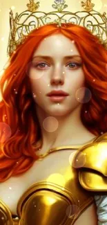 Golden-haired warrior princess in armor with crown, fantasy style.