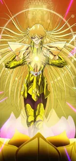 Golden warrior with lotus and glowing aura art.