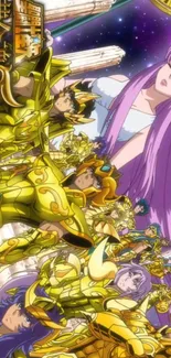 Anime warriors in golden armor and cosmic background.