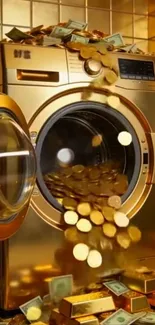 Golden washing machine overflowing with coins and cash.