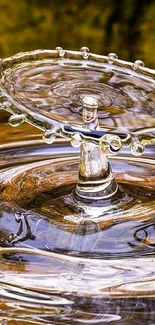 Golden water drop creating intricate splash art.