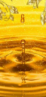 Golden water droplet creating mesmerizing ripples.