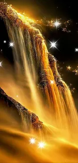 Golden waterfall with sparkling lights creating a mystical ambiance for mobile wallpaper.