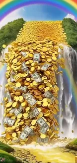 Gold coins and dollars waterfall with rainbow.