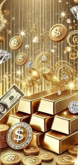 Gold bars and diamonds wallpaper with dollar symbols.