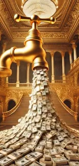 Golden faucet pouring money in a luxurious hall.