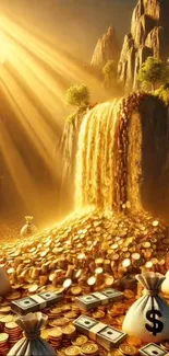 Golden waterfall of coins with money bags in a serene mountain scene.