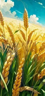 Illustrated golden wheat field against a blue sky.