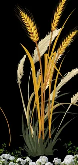 Golden wheat with white flowers on black background wallpaper.