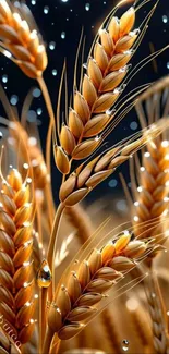 Golden wheat with dewdrops against a dark background.