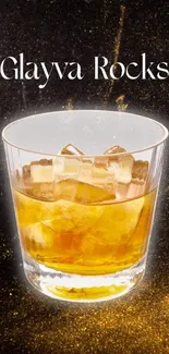 A glass of golden whiskey on ice with a dark shimmering background.