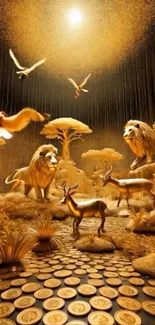 Golden wildlife scene with lions, gazelles, and birds in a surreal fantasy landscape.