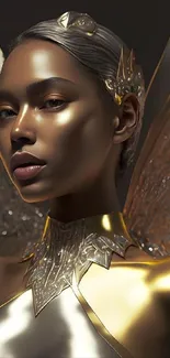 Golden angel with wings in a futuristic artistic design.