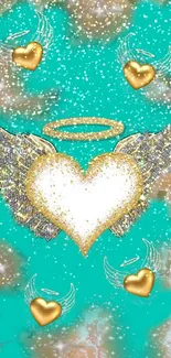 Golden winged heart with halo on turquoise background wallpaper.