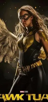 Golden hero with wings and mask in dark wallpaper.