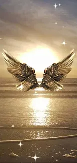 Golden wings over sunset beach with reflections in water.