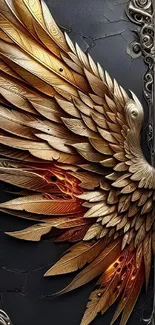 Intricate golden wings on a dark phone wallpaper.