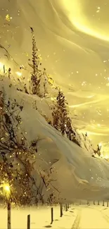 Golden winter fantasy wallpaper with glowing lights and snowy landscape.