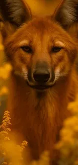 Golden-hued wolf surrounded by vibrant yellow flowers.