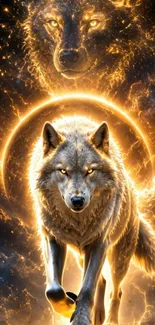 Golden wolf with cosmic background and glowing aura.