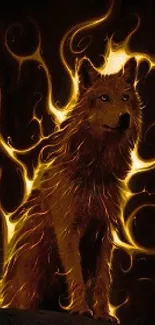 Golden wolf with fiery accents on a dark background, vibrant wallpaper.