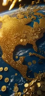 Golden coins form a world map on Earth, highlighting wealth.