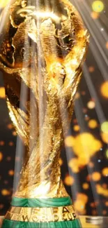 Golden World Cup trophy with bright lights as mobile wallpaper background.