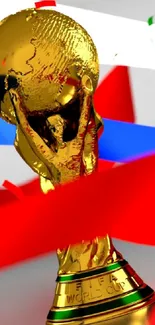 Golden World Cup trophy with festive ribbons and confetti background.