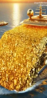 Luxurious yacht cascading golden coins on ocean.