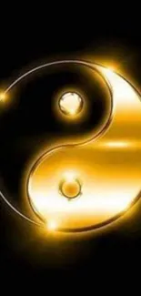 Golden Yin Yang symbol on black background.