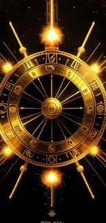 Golden zodiac clock mobile wallpaper with radiant design.