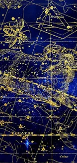 Golden Aries constellation on blue background with zodiac patterns.