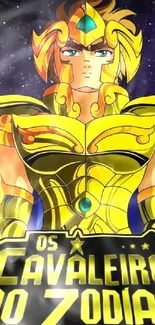 Golden armored Zodiac knight in colorful anime style.