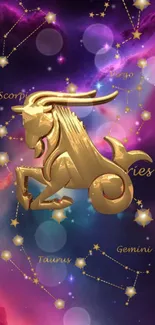 Golden Capricorn icon with starry cosmic background.