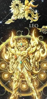 Leo Zodiac warrior in golden armor with celestial backdrop.