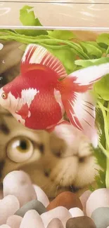 Goldfish swimming with a curious cat in the background, vibrant green accents.