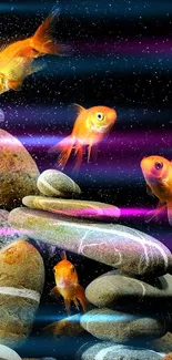 Goldfish swimming among stacked river stones on a mobile wallpaper.