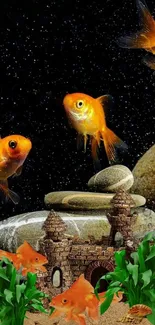 Goldfish swimming in an aquarium with stones and castle decor, perfect for mobile wallpaper.