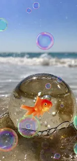 Goldfish in a transparent bubble by the ocean shore.