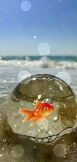 Goldfish encased in a crystal ball on a serene beach background.