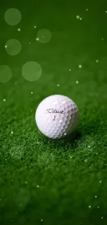 Golf ball on lush green grass with soft light circles.