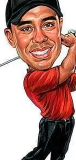 Cartoon golfer in dynamic swing with a red shirt, perfect for mobile wallpaper.